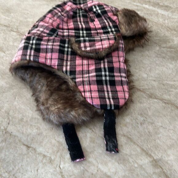 Pink Plaid Faux Fur Winter Hat - Picture 3 of 5
